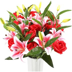 18 Pcs Artificial Flowers Pink Lily and Red Roses,Fake Latex Lilies Plastic Tropical Silk Fake Red Rose Flower Bouquet Arrangement for Wedding Table Decor