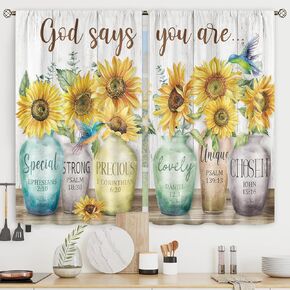 Riyidecor Sunflower Bible Verse Curtains Christian Quotes Farmhouse Rustic Floral Flower Scripture Rod Pocket Retro Hummingbird Wooden Plant Bedroom Living Room Treatment Fabric 2 Panels 52Wx84H Inch