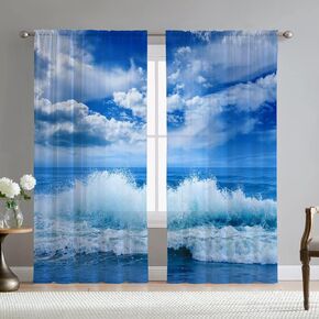 Sky Sheer Curtains for Living Room 84 inch Length 2 Panels Set Summer Blue Flaky Cloud Printed Window Curtain Chiffon Drapes for Bedroom