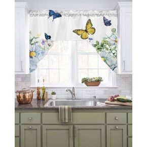 Tier and Swag Window Curtain Set,Summer Watercolor Blue Flowers Kitchen Valance Tier Curtains 3 Pieces Set,Summer Natural Plants Rod Pocket Valances Window Treatment for Living Room Bedroom
