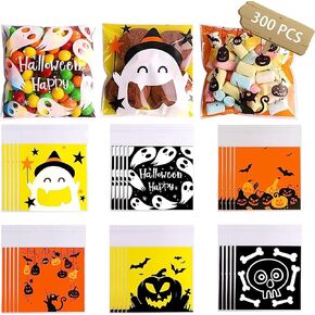 Hfpengzan 300 Pcs Halloween Cellophane Candy Bags,Self Adhesive Clear Cookie Treat Bags for Halloween Party Favor Supplies