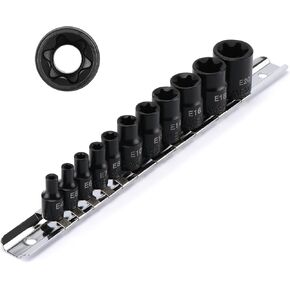 EMENTOL 11PCS E-Torx Socket Set with Rail, CR-V, 1/4" and 3/8" Drive, Female External Torx Star Socket Set, E4 - E20