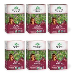 Organic India Tulsi Hibiscus Herbal Tea - Holy Basil, Stress Relieving & Gratifying, Immune Support, Adaptogen, Vegan, USDA Certified Organic, Non-GMO, Caffeine-Free - 18 Infusion Bags, 6 Pack