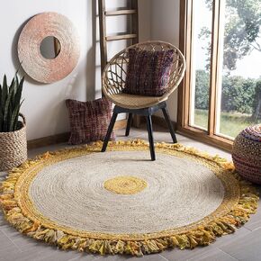 SAFAVIEH Cape Cod Collection 6' Round Green / Natural CAP212Y Handmade Boho Fringe Jute & Cotton Area Rug