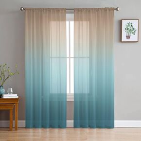 Ombre Sheer Curtains 72 Inches Long, Gradient Brown to Turquoise Teal Window Treatment Panels Light Filtering Rod Pocke Curtain Voile Drapes for Bedroom/Living Room Each 52" W x 72" L
