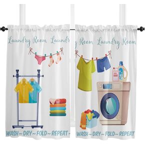 Laundry Room Curtains 45 Inch Length, Laundry Rountine Tier Curtain, Simple Drawn Small Window Treatment Panel Laundry Curtains for Bedroom, Cafe, Living Room, 2 Panels, 42 W x 45 L