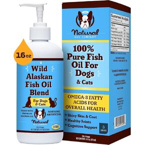 Natural Dog Company Wild Alaskan Fish Oil for Dogs (16oz Liquid Pump Bottle) - Sustainable Blend of Wild Salmon & Pollock Oil - Has Omega 3 EPA & DHA - Reduces Shedding, Nourishes Skin, Coat & Joints