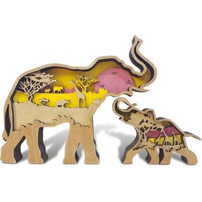 iDOTODO Elephant and Mountains Layered Wooden Carved Ornament with Lights, Forest Animal Multi-Layered 3D Decor in Kuwait