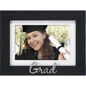 Malden International Designs 4x6 or 5x7 Graduation Distressed Expressions Picture Frame Silver Finish Grad Word Attachment Black Textured Wood Grain Finish MDF Frame White Beveled Mat