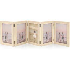 5 Folding Hinged Picture Frame 5x7 Inches Natural Wood Foldable Photo Frame with High Definition Acrylic Family Picture Frame Desk Photo Frame for Family Birthday Anniversary, White