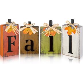 4 Pcs Fall Decorations for Home Fall Table Decor Farmhouse Fall Table Block Sign Centerpieces Wooden Fall Decor Thanksgiving Harvest Decoration(Connected)