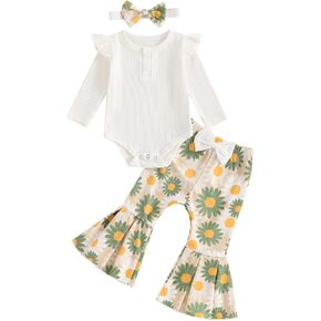 fhutpw Newborn Baby Girl Clothes Rib Frill Long Sleeve Romper Daisy Flared Pants Headband Set 3pcs Fall Winter Outfits