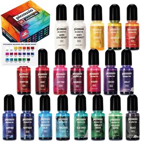 Alcohol Ink Set - 20 Vibrant Alcohol Inks - Acid-Free, Fast-Drying and Permanent Inks-Versatile Alcohol Ink for Epoxy Resin, Fluid Art Painting, Tumblers, Ceramic, Glass, Metal and more - 20x10ml