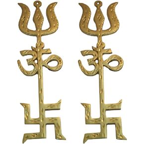 Divya Mantra Combo of Indian Traditional Trishul Om Swastika Yantra Spiritual Metal 8.5" Wall Hanging Showpiece Ornament/Hindu Religious Trisakthi Vastu Pooja Item Collectible - Home Decor Gift