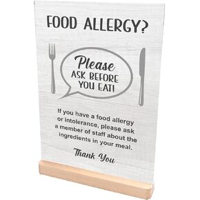Please Ask Before You Eat, Food Allergy and Intolerance Warning Sign/Notice - A4 size, supplied with wooden stand - display this customer notice in your food establishment. (White Wood Effect)