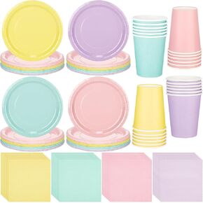 meekoo 72 Pcs Pastel Party Supplies Pastel Disposable Paper Plates 7" Pastel Napkins and Paper Cups Serve 24 Guests, Rainbow Tableware Sets for Birthday Wedding Baby Shower Party Decoration