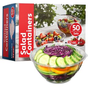 50 Pack 32oz Clear Plastic Salad Bowls with Lids Disposable Medium Takeout Container with Snap on Lid for Fruit Salads, Quinoa, Lunch and Meal Prep, Acai Bowl, To-Go Party Containers