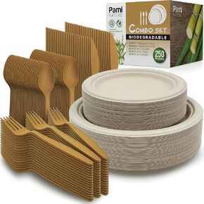 PAMI 250-Piece Compostable Combo Set, 100 Plates, 50 Forks, 50 Spoons, 50 Knives all CPLA - Natural Party With Microwave Safe Eco Plates & Utensils, Biodegradable PFAS Free Bagasse Dinnerware Set