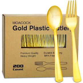 200PCS Gold Plastic Silverware Set, Heavy Duty Plastic Cutlery Set Includes 100 Gold Forks, 100 Gold Spoons, Bulk Disposable Flatware Set for Birthday Party Wedding Utensils