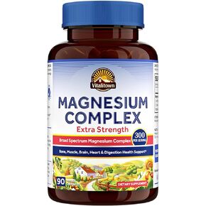Vitalitown Magnesium Complex, 300 MG Elemental Magnesium, 5 Broad-Spectrum Forms Glycinate Taurate Citrate Malate, Extra Strength for Bone Muscle Brain & Heart Health, Non-GMO, No Gluten, 90 Veg Cap