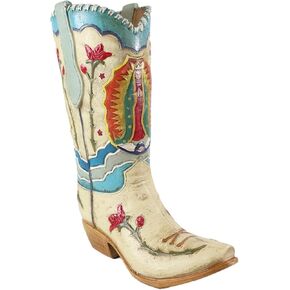 Ebros Gift Rustic Western Colorful Faux Tooled Leather Cowboy Cowgirl Boot with Lady Madonna Guadalupe and Roses Artwork Decorative Figurine Or Floral Vase Planter Table Shelf Countertop Accent