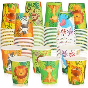 100 Pcs 9oz Paper Cups for Kids Animals Paper Cups Small Colorful Safari Bathroom Cups Mini Mouthwash Dispenser Disposable Cups Bulk for Kids, Party, Picnic, Barbecues, Travel, Events, Hot Cold Drinks