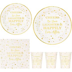 Crisky Gold Bridal Shower Napkins Plates Cups Set for Bride Wedding Engagement Bachelorette Party Decorations Supplies, Disposable Tableware Set of 24 (9" & 7" Plates, Luncheon Napkin, 9oz Cups)