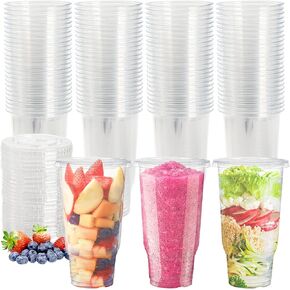 TOPZEA 50 Pack Clear Plastic Cup with Flat Lid for Iced Coffee, 32oz PE Plastic Drinking Cup, Large Disposable Parfait Fruit Cups, Perfect for Cold Drink, Smoothie, Milkshake, Dessert