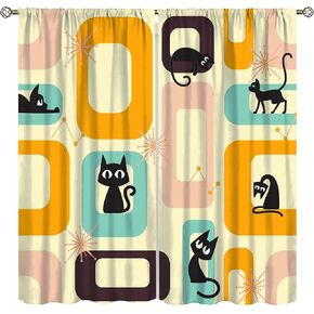 Mid Century Black Cat Curtains, Vintage Starburst Atomic Black Cat 1950s Abstract Geometric Iconic Pattern, Blackout Noise Reduction Curtains for Bedroom Living Room,42X45 Inch