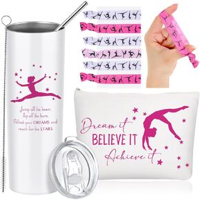 Junkin Set of 3 Gift for Christmas for Gymnastics Women Include Stainless Steel Tumbler with Straw Gymnastics Makeup Bag Gymnastics Elastics Hair Ties for Coaches Female Gymnasts Gymnastic(Purple)