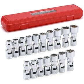 CASOMAN 17PCS 3/8" Drive Universal Flex Socket Set, SAE&Metric, 3/8" to 3/4", 10mm to 19mm, 6-Point, CR-V, Swivel Head, 360 Degree Access