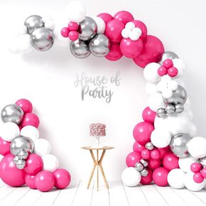 HOUSE OF PARTY Cowgirl Balloon Garland Kit Large Pack | Hot Pink Pearl Pink Silver White Balloons with Spiky Star 18/12/10/5 Inch | Foil Balloons and Cow Print Backdrop for Christmas Party Decorations