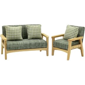 iland Dollhouse Couch and Miniature Sofa Set with Mini Houndstooth Cushions, Dollhouse Furniture on 1/12 Scale for Dollhouse Living Room (Grey Green)