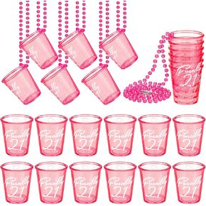 Bokon 24 Pcs 21st Birthday Shot Glass Finally 21 Birthday Shot Necklaces Cups Plastic 21st Shot Glass on Beaded Necklaces for Adults Birthday Party Supplies Favors Decorations (Hot Pink)