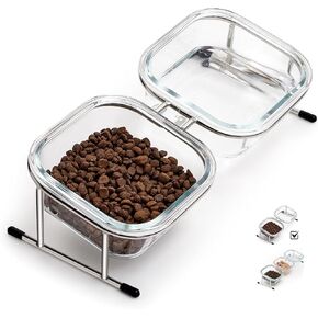 Hannadepot Elevated Cat Bowls, 15° Tilted Glass Raised Cat Food Bowl with Stainless Steel Stand, 2 Glass Cat Bowls and 4 Anti Slip Feet, Suitable for Cats and Little Dogs