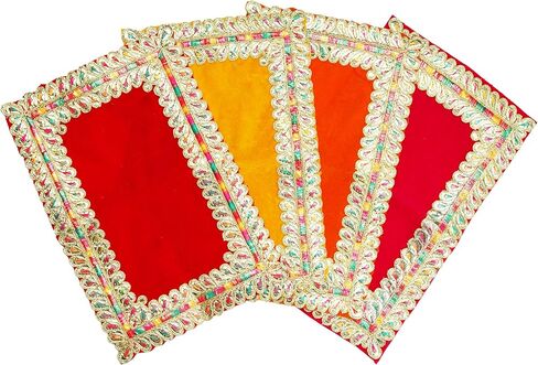 Set of 4 Mat Aasan Decorative Velvet Pooja Cloth Small Pooja Cloth Mat Aasan (Size:-11 Inches X 07 Inches) Multipurpose Indian Traditional Festival Decoration Puja Item Article(Red/Pink/Yellow/Orange) in Saudi Arabia