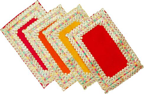 Set of 4 Mat Aasan Decorative Velvet Pooja Cloth Small Pooja Cloth Mat Aasan (Size:-11 Inches X 07 Inches) Multipurpose Indian Traditional Festival Decoration Puja Item Article(Red/Pink/Yellow/Orange) in Saudi Arabia