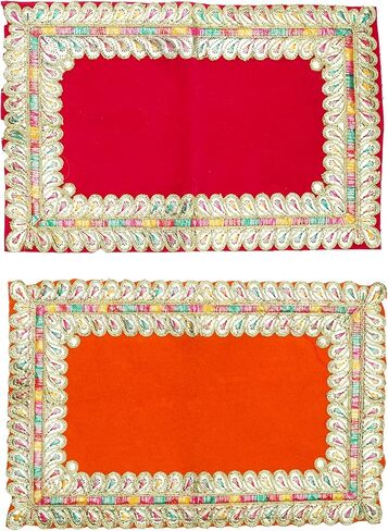 Set of 4 Mat Aasan Decorative Velvet Pooja Cloth Small Pooja Cloth Mat Aasan (Size:-11 Inches X 07 Inches) Multipurpose Indian Traditional Festival Decoration Puja Item Article(Red/Pink/Yellow/Orange) in Saudi Arabia