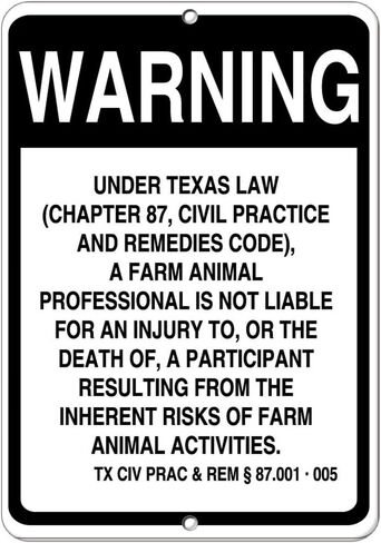 Aluminum Vertical Metal Sign Multiple Sizes Texas Law Farm Animal Professional Not Liable Injury Death State Right With Border Weatherproof Street 9x12Inches in Saudi Arabia