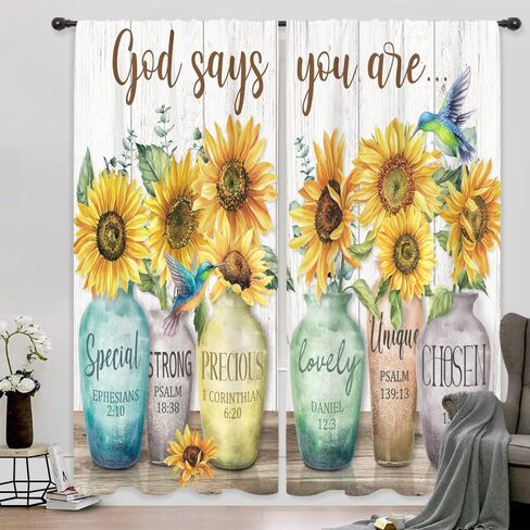 Riyidecor Sunflower Bible Verse Curtains Christian Quotes Farmhouse Rustic Floral Flower Scripture Rod Pocket Retro Hummingbird Wooden Plant Bedroom Living Room Treatment Fabric 2 Panels 52Wx84H Inch in Saudi Arabia