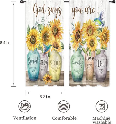 Riyidecor Sunflower Bible Verse Curtains Christian Quotes Farmhouse Rustic Floral Flower Scripture Rod Pocket Retro Hummingbird Wooden Plant Bedroom Living Room Treatment Fabric 2 Panels 52Wx84H Inch in Saudi Arabia