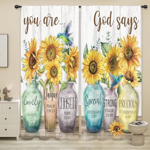 Riyidecor Sunflower Bible Verse Curtains Christian Quotes Farmhouse Rustic Floral Flower Scripture Rod Pocket Retro Hummingbird Wooden Plant Bedroom Living Room Treatment Fabric 2 Panels 52Wx84H Inch in Saudi Arabia