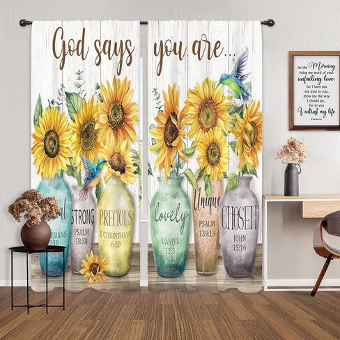 Riyidecor Sunflower Bible Verse Curtains Christian Quotes Farmhouse Rustic Floral Flower Scripture Rod Pocket Retro Hummingbird Wooden Plant Bedroom Living Room Treatment Fabric 2 Panels 52Wx84H Inch in Saudi Arabia