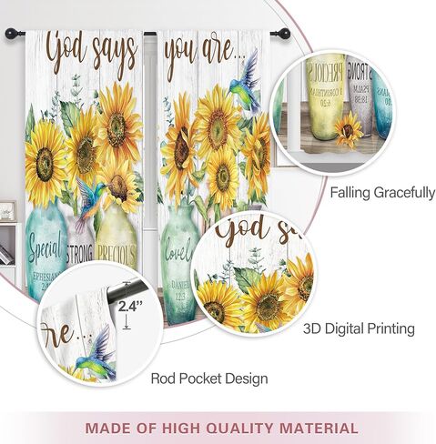 Riyidecor Sunflower Bible Verse Curtains Christian Quotes Farmhouse Rustic Floral Flower Scripture Rod Pocket Retro Hummingbird Wooden Plant Bedroom Living Room Treatment Fabric 2 Panels 52Wx84H Inch in Saudi Arabia