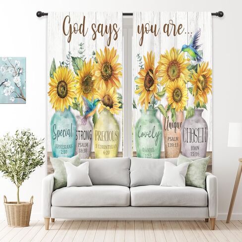 Riyidecor Sunflower Bible Verse Curtains Christian Quotes Farmhouse Rustic Floral Flower Scripture Rod Pocket Retro Hummingbird Wooden Plant Bedroom Living Room Treatment Fabric 2 Panels 52Wx84H Inch in Saudi Arabia