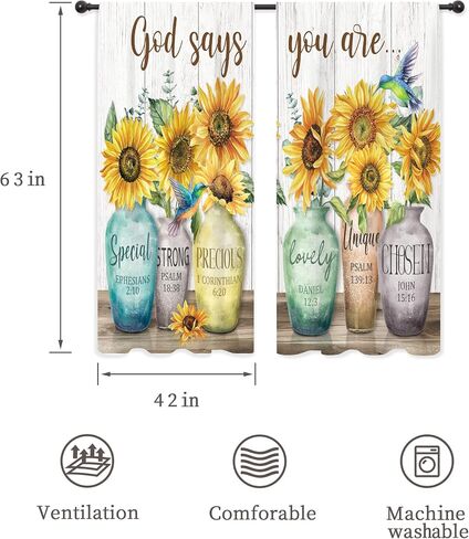 Riyidecor Sunflower Bible Verse Curtains Christian Quotes Farmhouse Rustic Floral Flower Scripture Rod Pocket Retro Hummingbird Wooden Plant Bedroom Living Room Treatment Fabric 2 Panels 52Wx84H Inch in Saudi Arabia