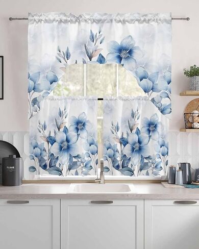 Tier and Swag Window Curtain Set,Summer Watercolor Blue Flowers Kitchen Valance Tier Curtains 3 Pieces Set,Summer Natural Plants Rod Pocket Valances Window Treatment for Living Room Bedroom in Kuwait