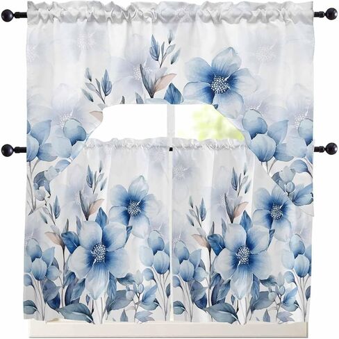Tier and Swag Window Curtain Set,Summer Watercolor Blue Flowers Kitchen Valance Tier Curtains 3 Pieces Set,Summer Natural Plants Rod Pocket Valances Window Treatment for Living Room Bedroom in Kuwait