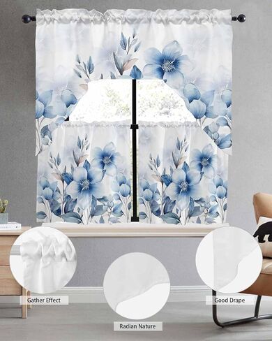 Tier and Swag Window Curtain Set,Summer Watercolor Blue Flowers Kitchen Valance Tier Curtains 3 Pieces Set,Summer Natural Plants Rod Pocket Valances Window Treatment for Living Room Bedroom in Kuwait