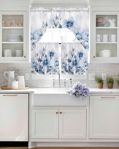 Tier and Swag Window Curtain Set,Summer Watercolor Blue Flowers Kitchen Valance Tier Curtains 3 Pieces Set,Summer Natural Plants Rod Pocket Valances Window Treatment for Living Room Bedroom in Kuwait